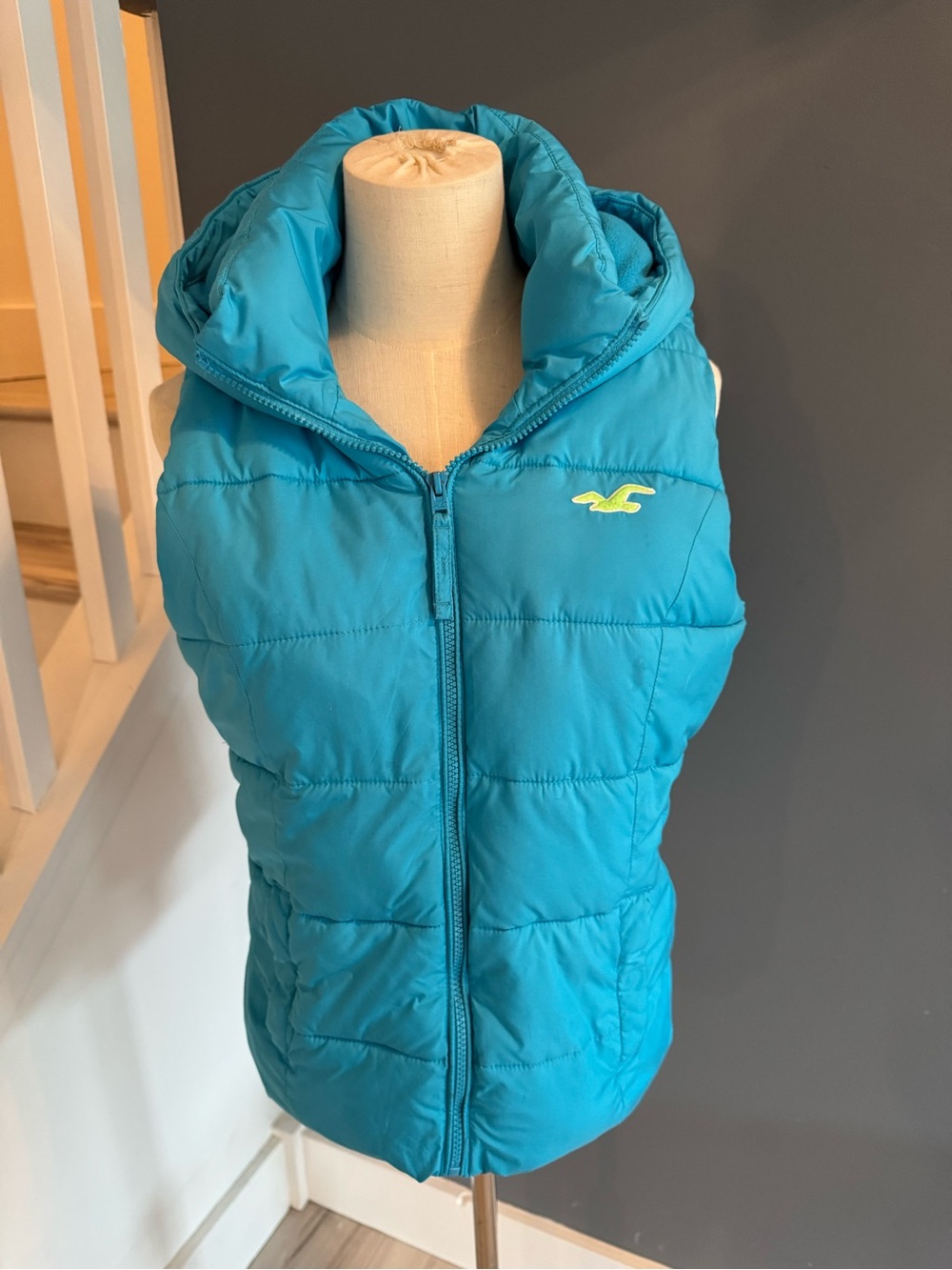Vintage Y2K Hollister Turquoise Hooded Puffer Vest Lime Green Logo L